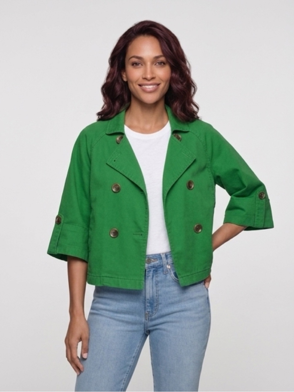 M kelly green Old Navy double-breasted cropped peacoat, three-quarter sleeves